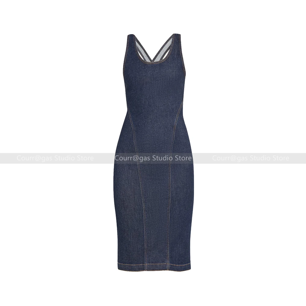 Premium sense of retro U-neck cross reveals back zip waisted halter denim dress women