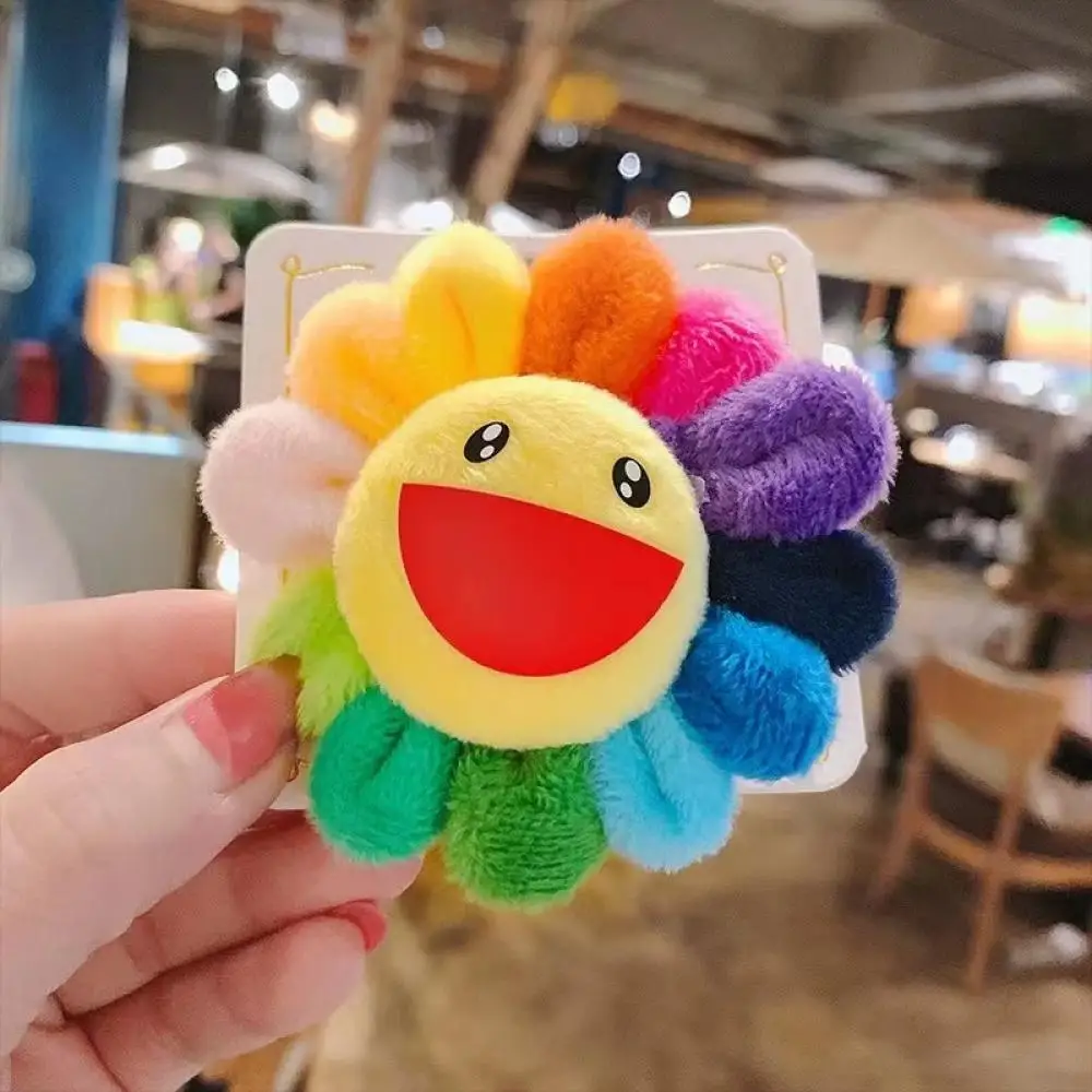 Cute Smile Sunflower Soft Rainbow Flower Brooch Pin Stuffed Doll Smile Badge Clothes Decor Jewelry Plush Toy Gift for Girls Kids