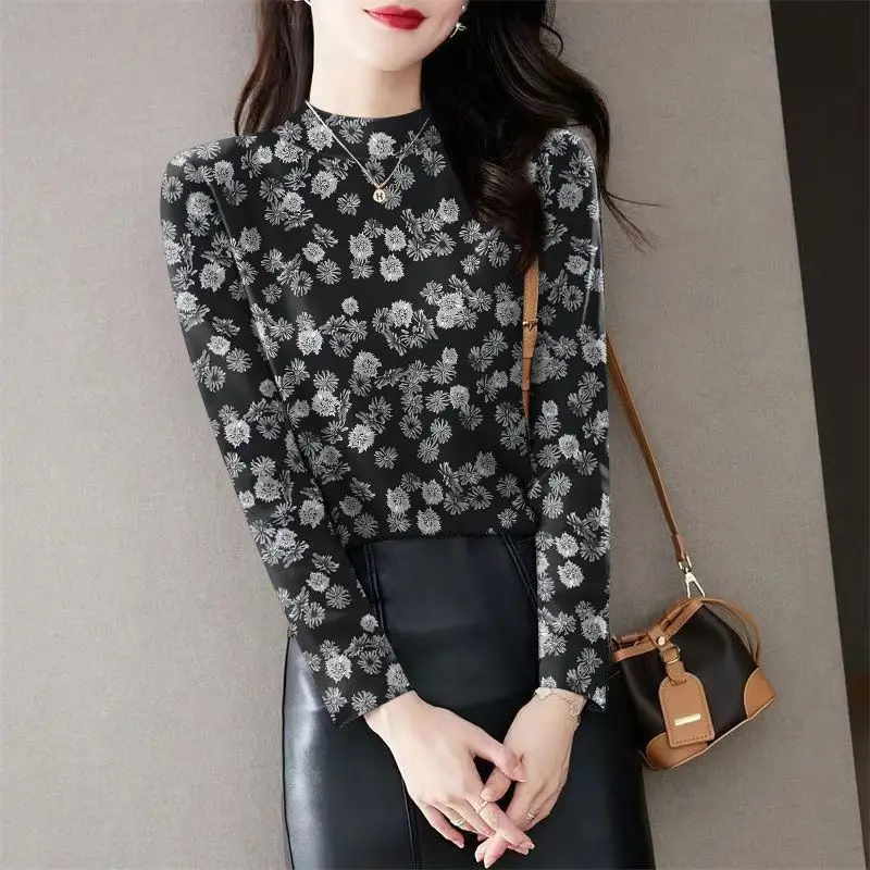 Women\'s Half High Collar New Patchwork Long Sleeve Slim T-shirt Bottom Fashion Autumn and Winter Elegant Printing Pullover Tops