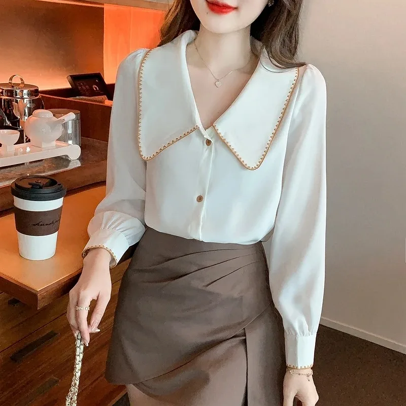 Long Sleeve Blouse Women White Chiffon Blouse Shirt Tops Women Blusas Mujer De Moda 2024 Blouses Camisas Blusa Feminina F521