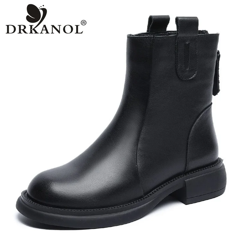 DRKANOL Autumn Winter Warm Mid Calf Boots Women Genuine Cow Leather Thick Heel Casual Chelsea Boots Back Zipper Chimney Boots