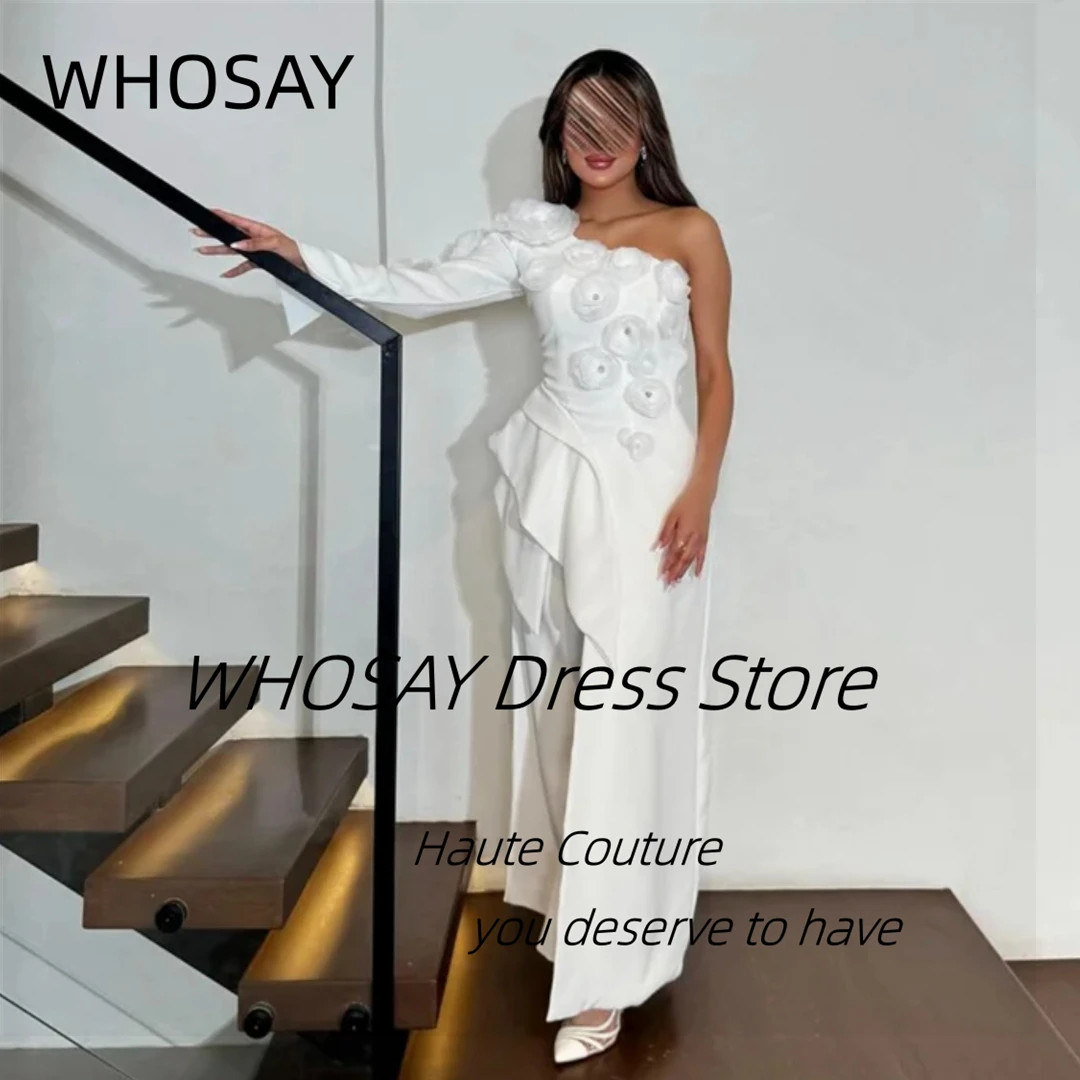 

WHOSAY Modern One Shoulder Prom Dresses with Flowers Long Sleeve Evening Gowns Pant Suits Special Occasion Dress Customized