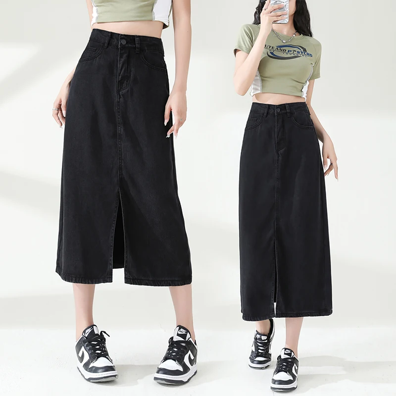 

New Fashion Versatile Front Split Denim Skirt Women With High Waist And Slimming Effect A-Line Mid Length Straight Tube Skirt