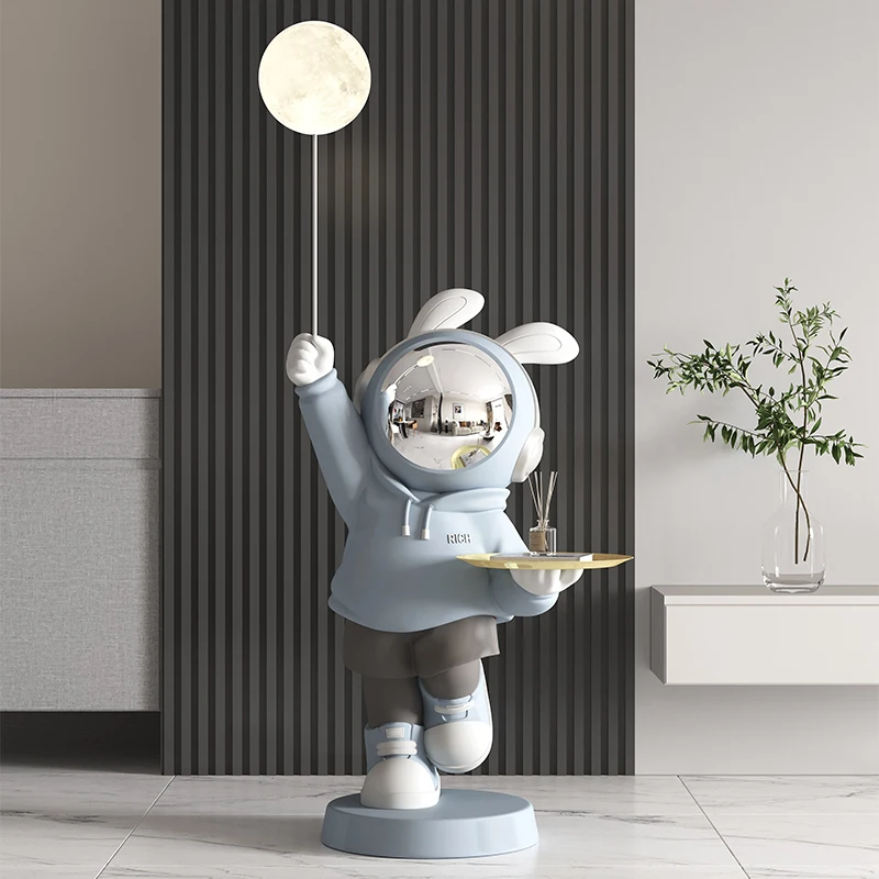 Estatua de Conejo Astronauta Espacial con Bandeja, Decoración Nórdica para Sala de Estar, Figura Luminosa de Interior, Adorno Grande para el Suelo, Accesorios para el Hogar