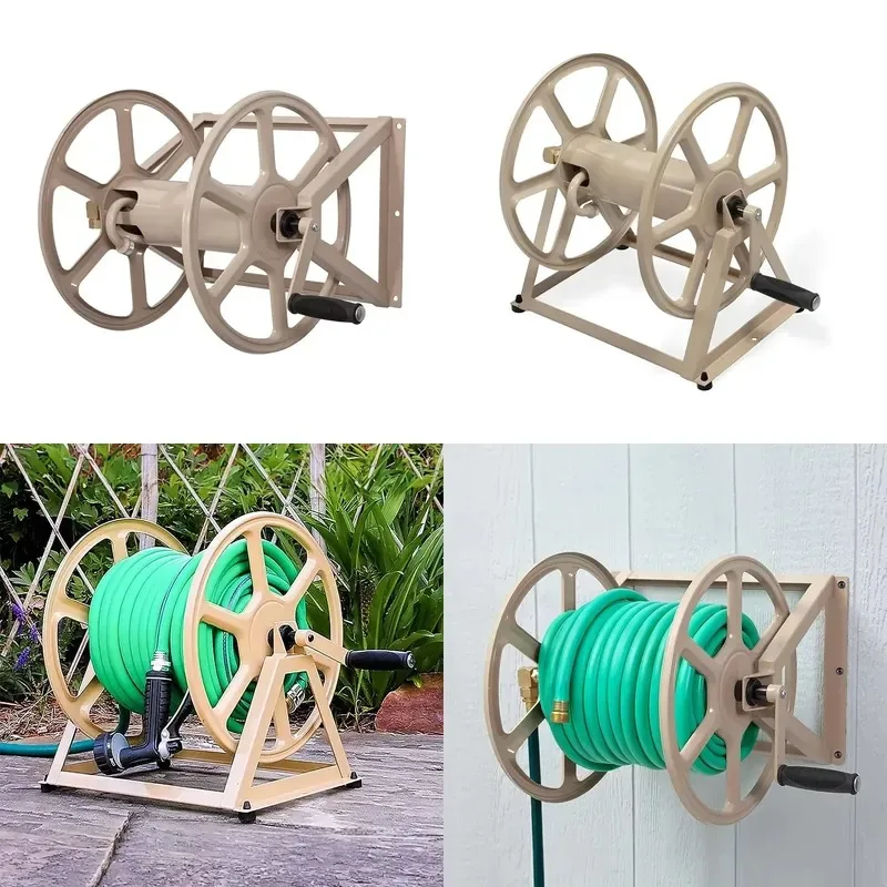 Metal Wall and Floor Mount Hose Reel Brackets Heavy Duty Garden Water Hose Holder Storage Rack for Outdoor Yard Garage Use