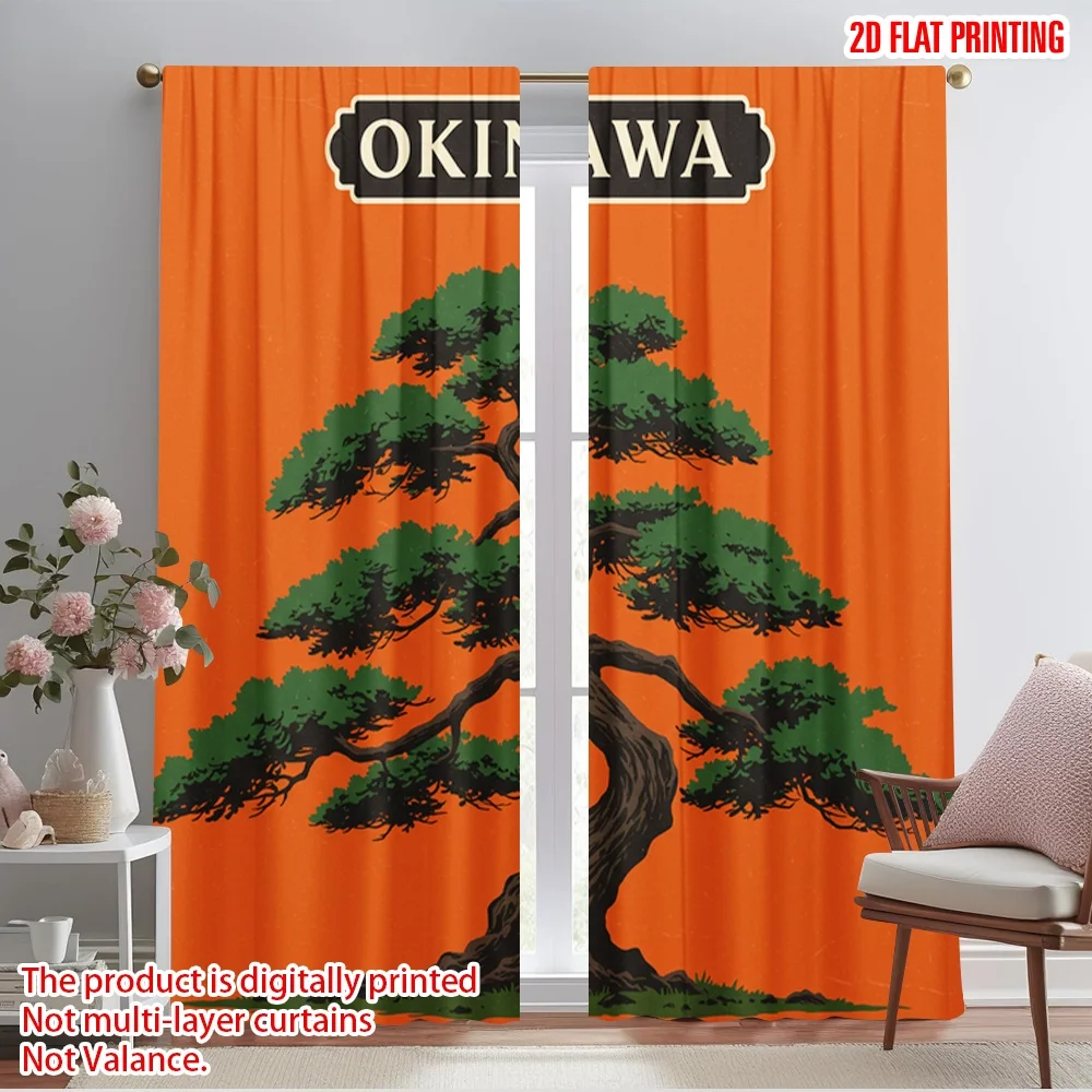 

2pcs 2D flat printing Curtain Okinawa Pine Bonsai 100% Polyester Fabric Without Electricity Holiday Decorations Use for room