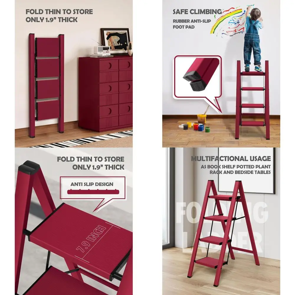 

Aluminum 4-Step Folding Ladder with Anti-Slip Treads, 330lbs Capacity for Home, Kitchen, Office Use - Red
