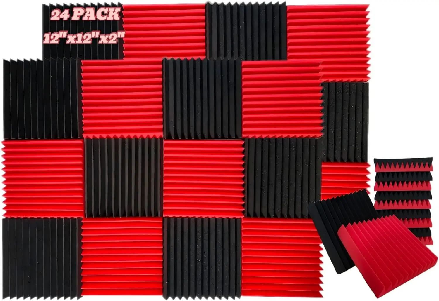 

24 Pack Acoustic Panels 12x12x2 Inches, Soundproof Foam for Walls in Black and Red