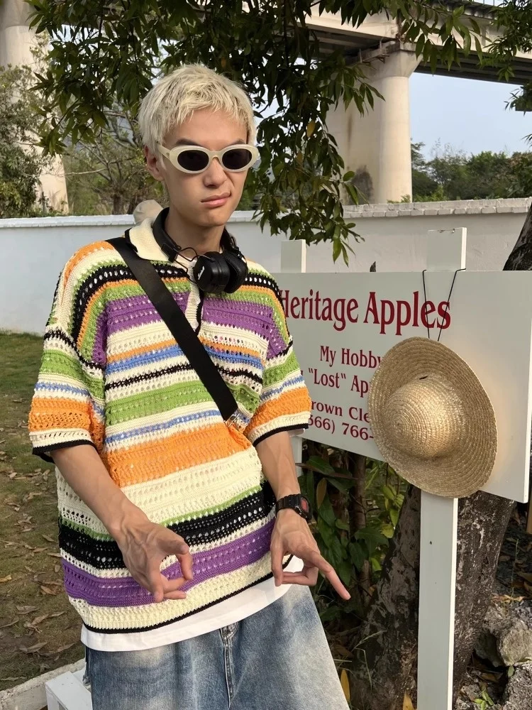 

American Retro Striped Hollow Knitted irt Loose Casual Ne Top for Men And Women Spring Summer New Sle