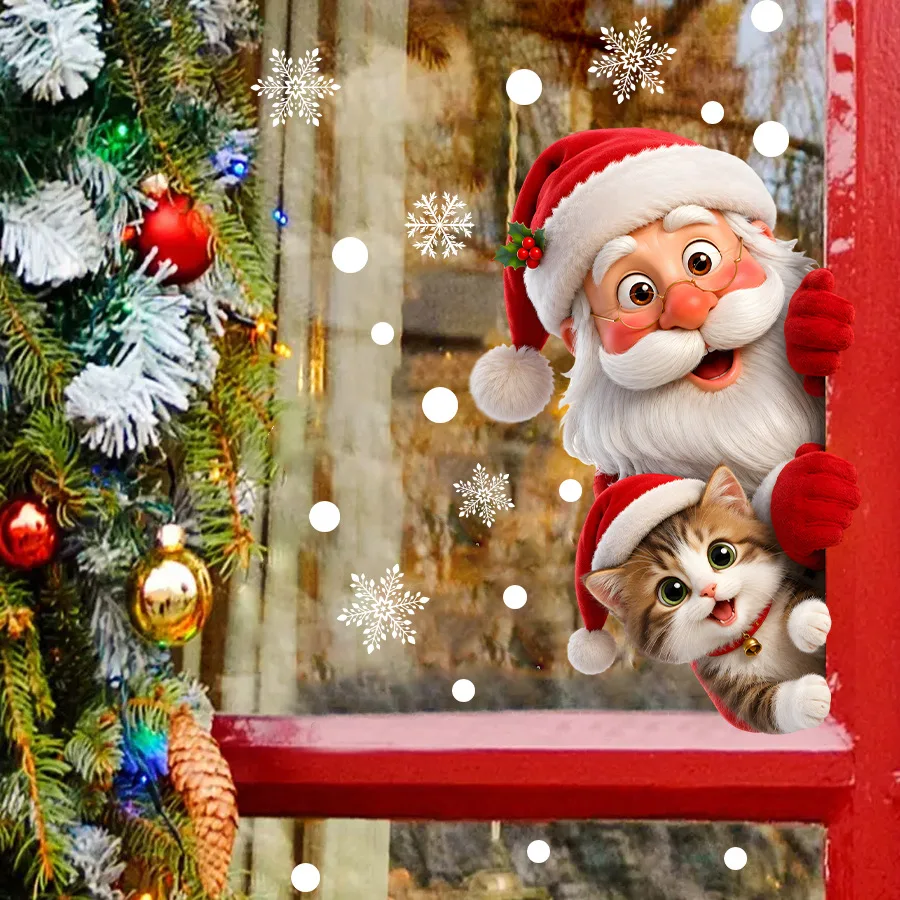 Peeping Santa And Fluffy Kitten Static Window Sticker with Snowflake Bokeh Dots, Reusable PVC Cute Winter Xmas Glass Art