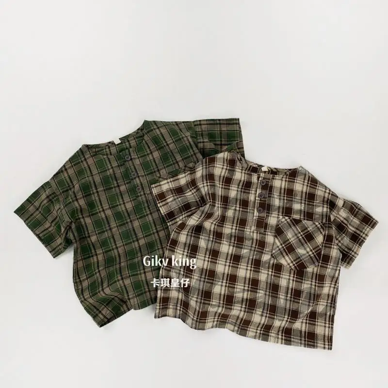 

2026 Summer New Children Short Sleeve T Shirts Cotton Girls Vintage Plaid Shirts Toddler Boys Loose Tops Kids Clothes
