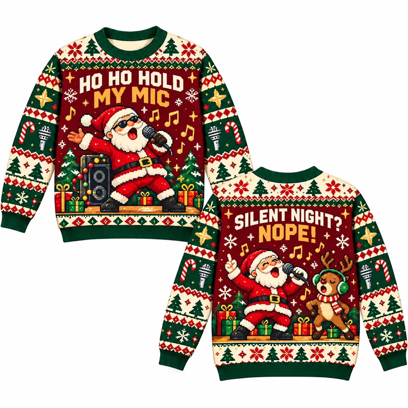 Ugly Christmas Sweater Men Santa Chimney Error Gone Fishing Funny Santa Print Crewneck Long Sleeve Holiday Party Pullover