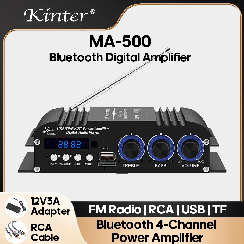 

KINTER Digital Audio Amplifier Desktop Power Amplifier Bluetooth RCA TF FM Radio 4-Channel Stereo Hi-Fi Treble Bass Mixer AMP