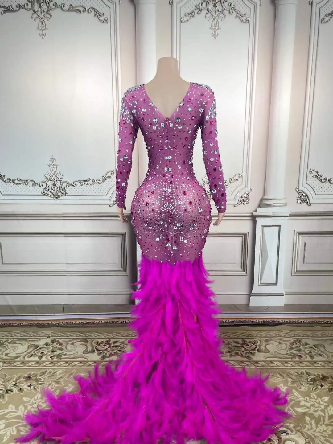 Long Sleeve Maxi Women Dress Floor Length Feather Birthday Wedding Drag Queen Outfit Prom Evening Dresses Stage Performance Wear