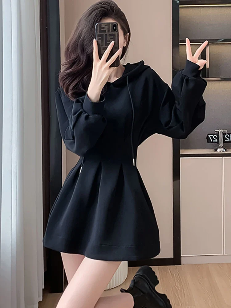 Black Long Sleeve Chic Hooded Short Dress Women Autumn Winter Elegant Bodycon Casual Dress 2024 Korean Vintage Hepburn Vestidos