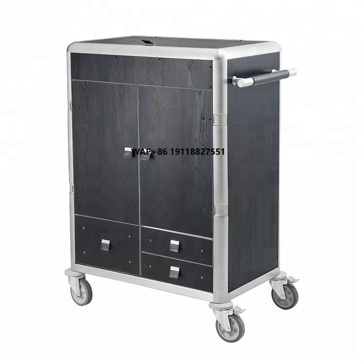 

Luxury Humanized Design Wooden Room Service Housekeeping Trolley Cart with Doors and Locks for Hotels an Restaurants