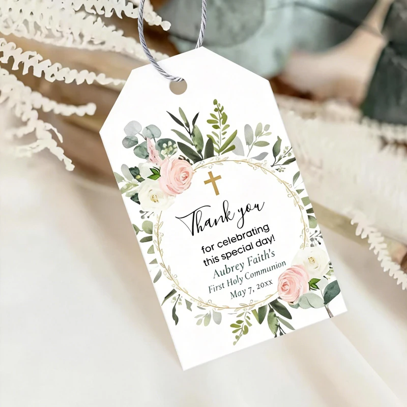 50pcs Personalized Baptism Tags, Thank You Gift Tags, Custom Baptism Name Tag, Greenery Baptism Thank You Tag