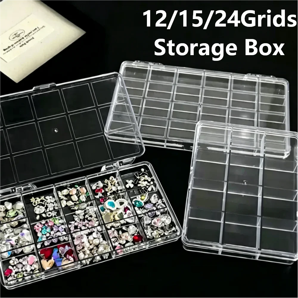 12/15/24Grids Transparent Empty Organizer Case Clear Nail Storage Box for Nail Rhinestones/Beads/Charms/Small Craft Accessories