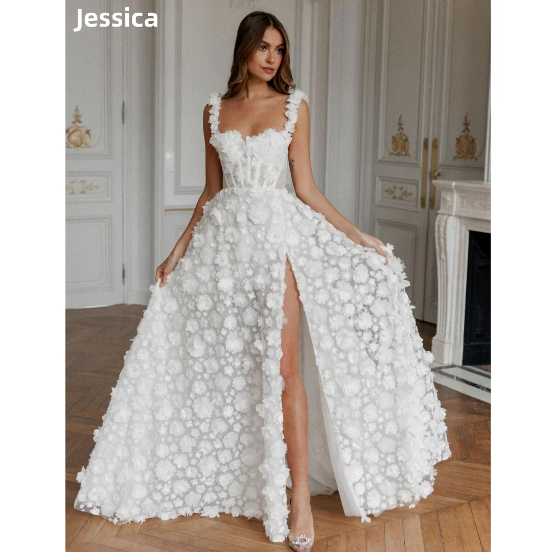 Jessica Sweetheart White WeddingDress Princess 3D Flower Luxury Prom Dresses A-line Side Slits Elegant Bespoke DressesCustomized