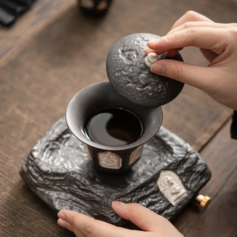 Wabi-sabi Furoku Two Only Cover Bowl Hand Made Powder Coarse Pottery Retro Tea Cup Tea Bowl Tea Cup Kung Fu Tea Set