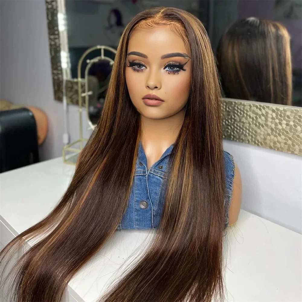 

HIghlight Brown Long 26" PrePlucked Silky Straight 180 Density Lace Front Wigs For Brown Women With Babyhair Lace Frontal Wigs