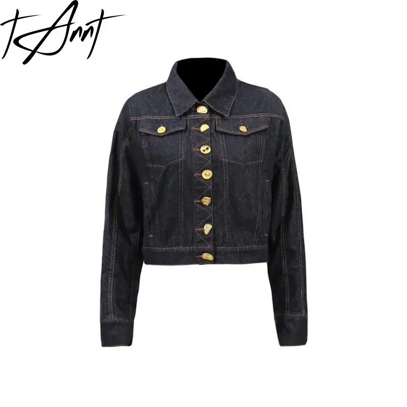

TANNT Women Denim Coat 2025 Autumn Single Breasted Long Sleeve High Waist Short Denim Jacket All Match Solid Ladies Jean Top