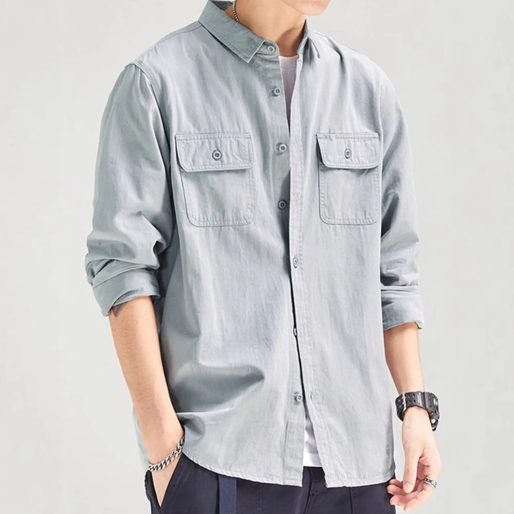 

2026 Spring New Mens Vintage Shirt Male Lone Sleeve Cargo Shirts Fashion Casual Solid Shirt Male Pocket Work Shirt Man Clothing