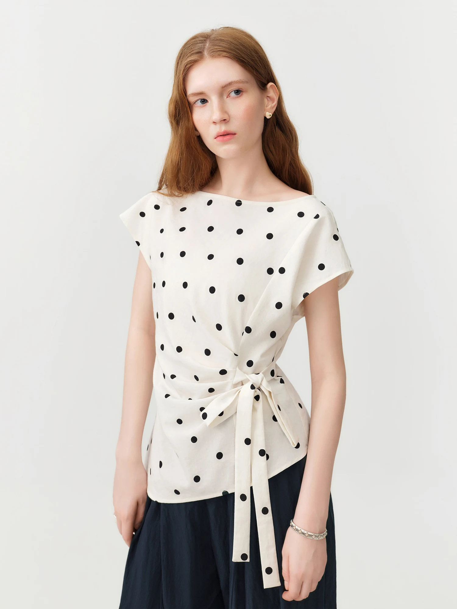 FSLE 2026 Summer Women‘s Slash Neck Tie-Waist Polka Dot Short Sleeves Blouse Front-Knot Shirt French Office Chic Coquette Style view 2