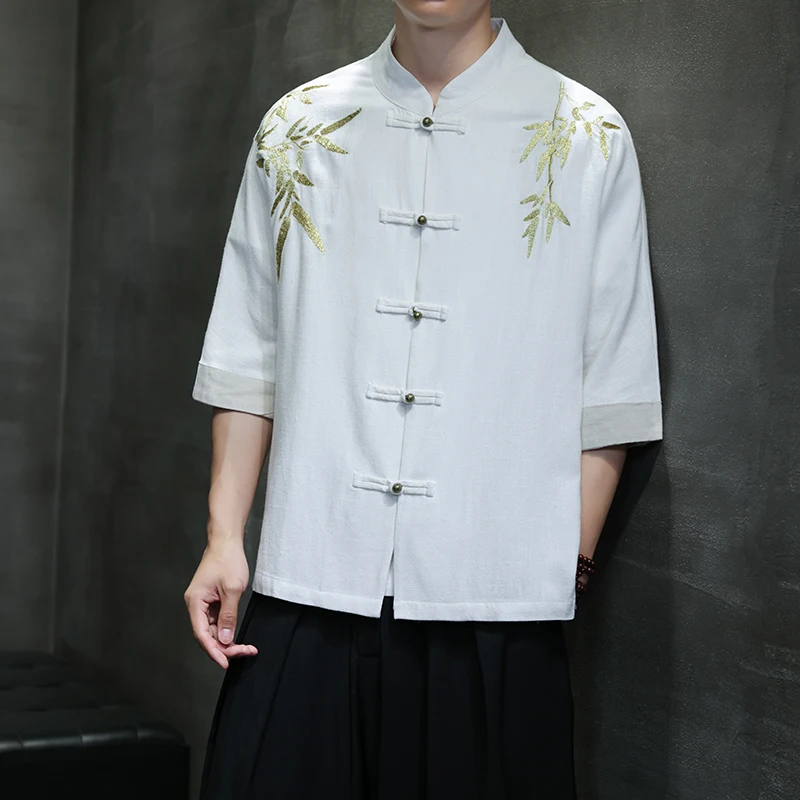 2025 Chinese Style Men Short Sleeved Shirt Loose Fitting Men Bamboo Leaf Embroidery Shirts Summer Men Casual Half Sleeved Shirt