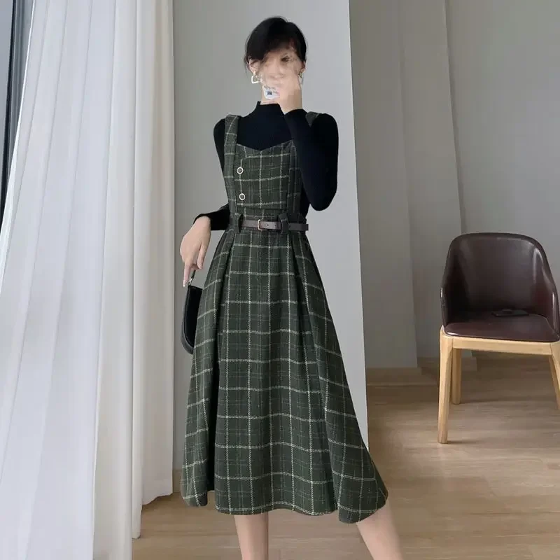 Women's Petite Vintage Woolen Plaid Dress Set Autumn/winter 2023 New Style French Retro Small Size Ladies Clothing