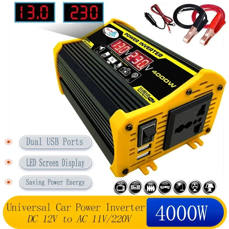 4000W Universal Power Inverter Modified Sine Wave 12V to 110V 220V Outdoor Electronic Charging Converter with 2 USB Fast Charge