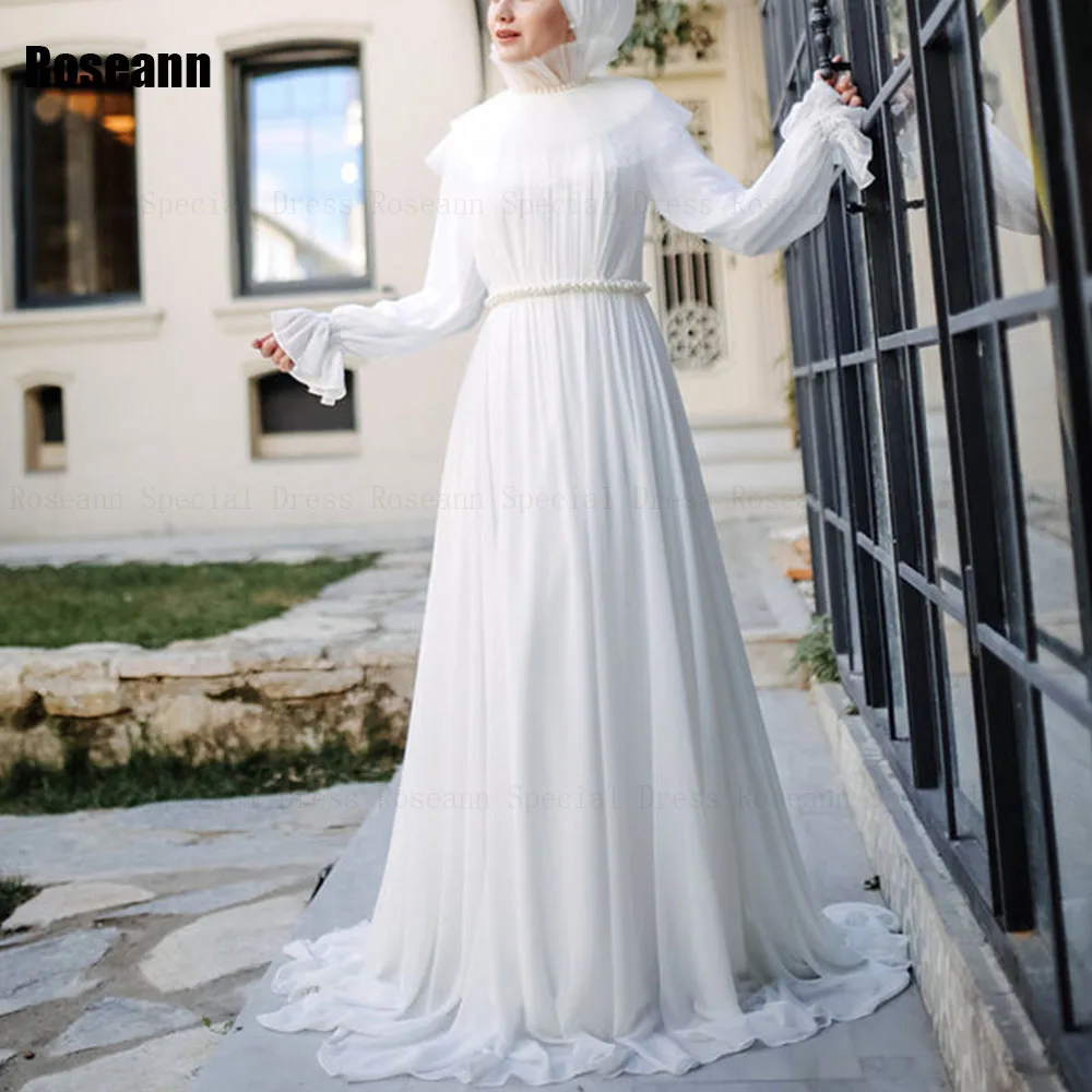 Muçulmano 2025 novo simples a linha vestidos de casamento gola alta cinto tule completo drapeado plissado até o chão vestido de noiva robe de mariée