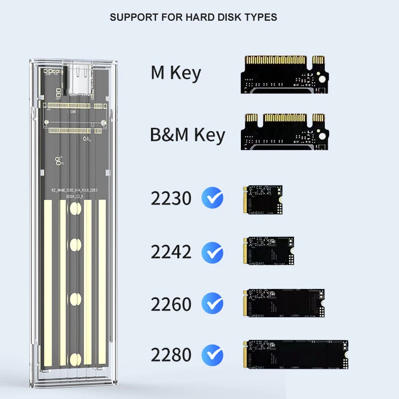 M.2 NVME PCIe/NGFF SATA SSD Case Transparent External Enclosure USB Type C 3.1 10Gbps M2 B+M Key/M Key For 4TB SSD Hard Disk Box