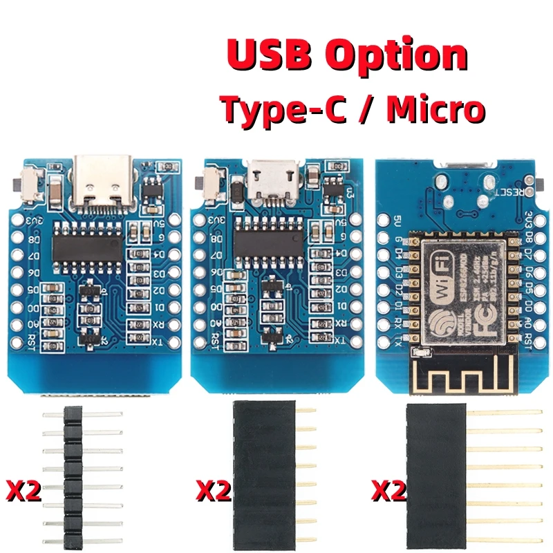 D1 Mini TYPE-C/MICRO USB ESP8266 ESP-12F CH340G V2 WIFI Development Board D1 Mini NodeMCU Lua IOT Board 3.3V With Pins