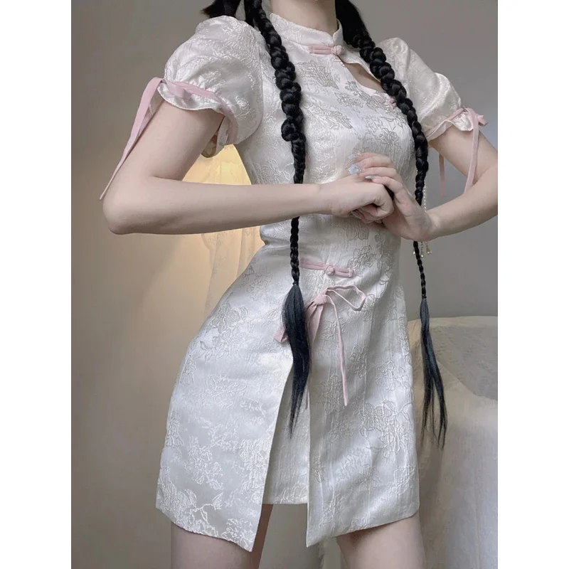 Harajuku Cheongsam Dress Women Sweet Floral Bow Bandage Lolita Dresses Y2k Sexy Aesthetic Puff Sleeve Women's Modernize Dresses