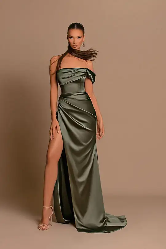 Green Evening Dresses Mermaid One Shoulder Ruched Long Formal Party Prom Gowns Graduation Women Special Occasion Dresses