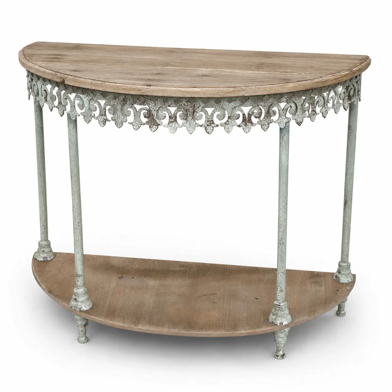 French Vintage Half Moon Console Table Wood & Iron Plant Stand Distressed 2-Tier Garden Display Table for Patio Entryway