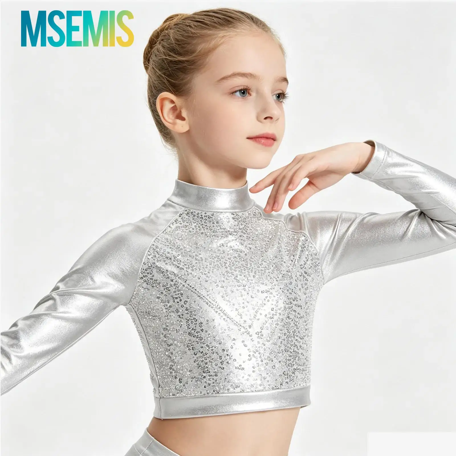 

Kids Girls Shiny Metallic Ballet Jazz Dance Performance Crop Top Disco Costume Metallic Sequin Long Sleeves Athletic T-Shirt Tee