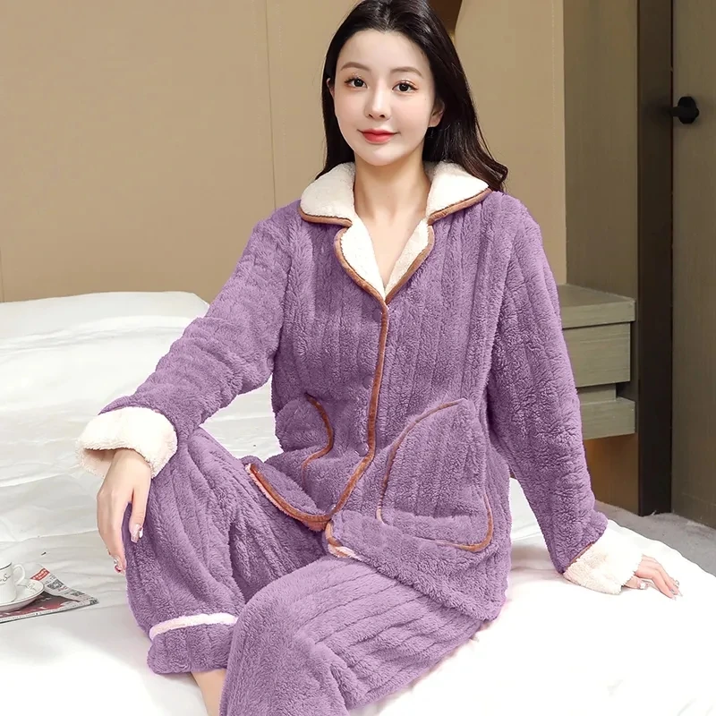 2024 Autumn Winter Coral fleece Pajamas For women Thicken Flannel Warm Long sleeved Flannel home Clothes Female Two-piece set