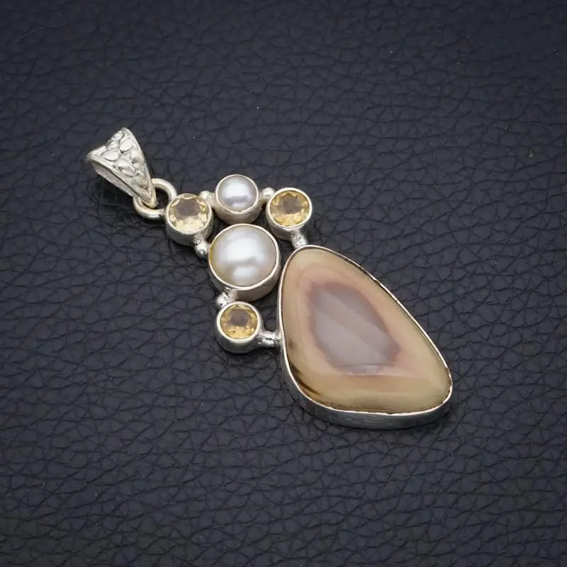 StarGems Natural Imperial Jasper&Citrine And River Pearl Handmade 925 Sterling Silver Pendant 2 1/4