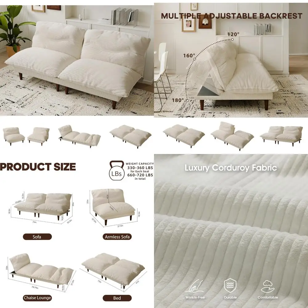 Convertible Sleeper Sofa Bed, 4-Function Futon Couch with Adjustable Backrest, 75-Inch Multi-Purpose Recliner and Sleeper Sofa