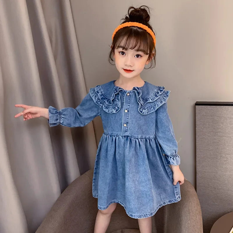 

Long Sleeved Dress for Girls Autumn Kids Clothes Preppy Style Double-Layer Collar Girls Denim Dresses 4 6 8 10 12 Years