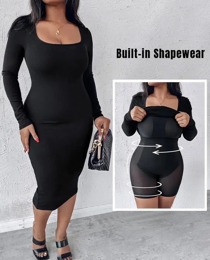 

Square Collar, Hip Lifting, Body Shaping, Double-Layer Built-In Shapewear, Ribbed Medium Length Dress