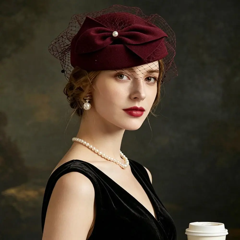 Vintage French Style Bow Fedora Hat Elegant Pearls Pillbox Hat Dome Solid Color Formal Hat Airline Uniform