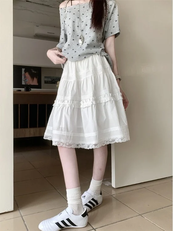 

High Waist A-Line Skirt Women's Summer New Lace Trim White Slimming Midi Skirt Casual Style Floral Print Casual Scene
