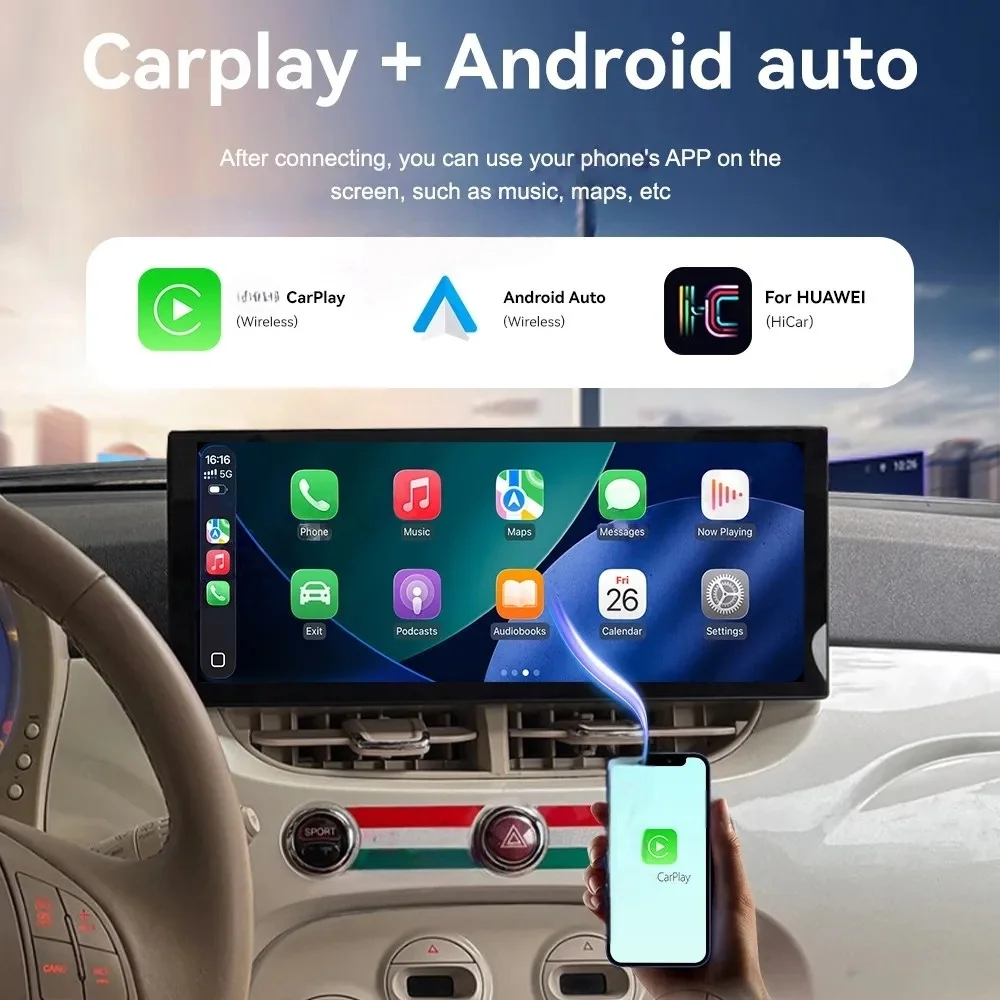 피아트 500 2007-2024용 멀티미디어 플레이어 스테레오 리시버 안드로이드 라디오 디지털 클러스터 무선 카플레이 스테레오 DSP 블루투스 GPS