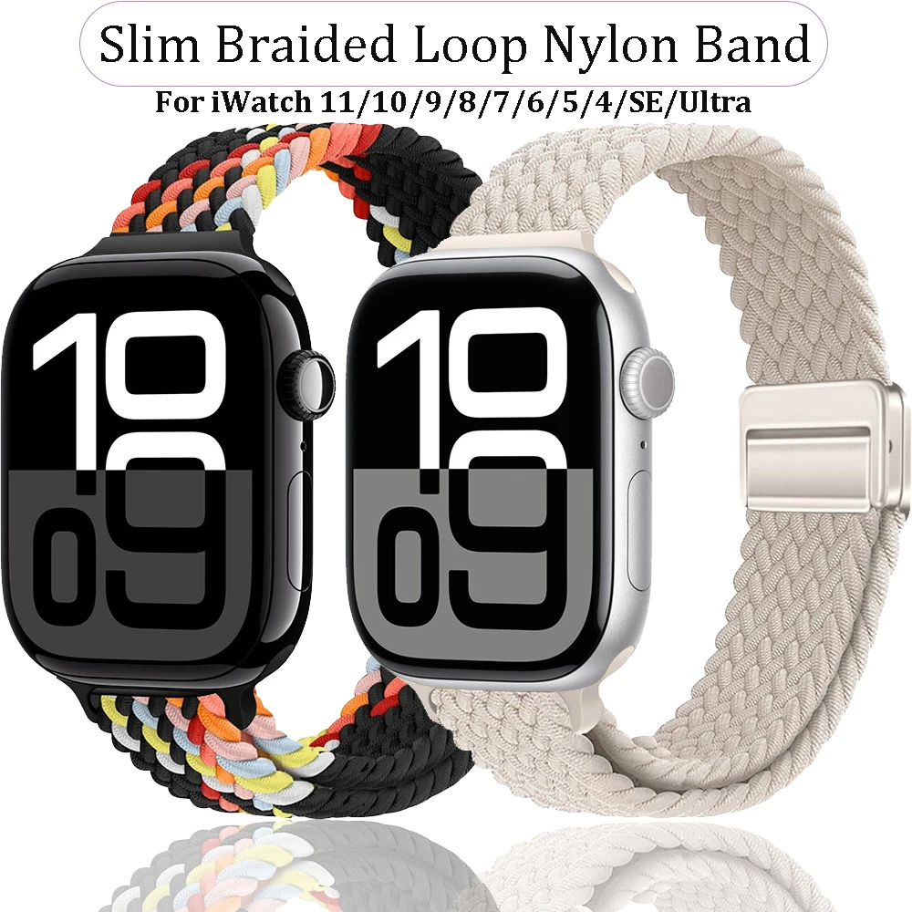Slim Braided Loop Nylon Band For Apple Watch Ultra 3 49mm 11 10 46/42mm Magnetic Bracelet iWatch 9 8 7 6 SE 45/41mm 40/44mm Belt