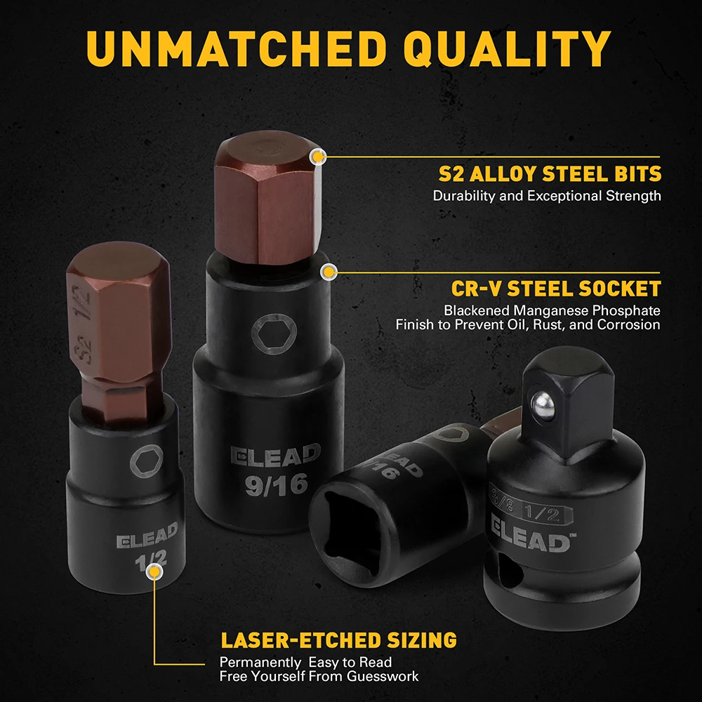 ELEAD Set di bussole a percussione con punta esagonale SAE da 16 pezzi - Set di bussole a brugola Premium S2 in acciaio 5/64"-9/16" con adattatori per prese