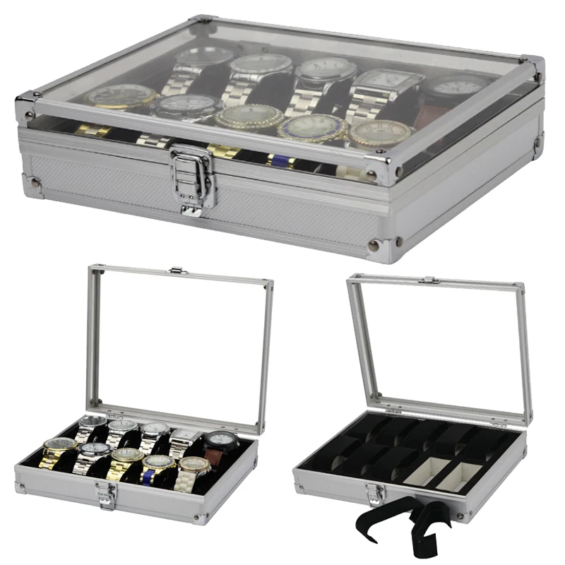 VANSIHO Promotion Silver Color Aluminum Alloy Watch Storage Box With Clock 6/12/24 Slots Collection Gift Boxes