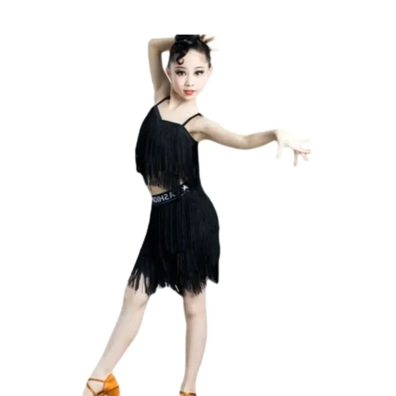 

Children Latin Dance costumes Girls Summer Competition Sleeveless Performance Tassel Latin top and skirt